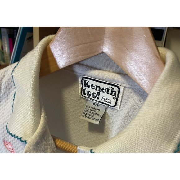 Vintage Keneth Too White Pastel Embroidered Collared Short Sleeved Top Sz M - Picture 5 of 6